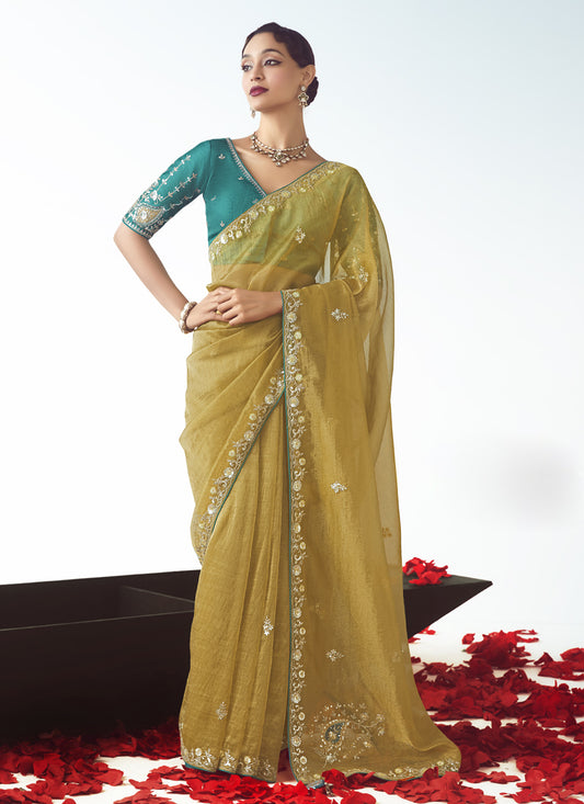 Astonishing Maize Yellow Tissue Organza Embroidered Wedding Saree