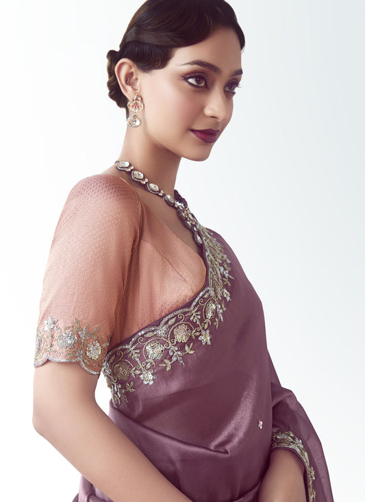 Unique Dusty Wine Tissue Organza Embroidered Wedding Saree