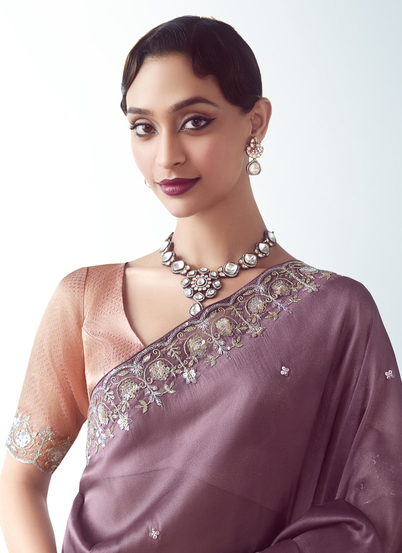 Unique Dusty Wine Tissue Organza Embroidered Wedding Saree