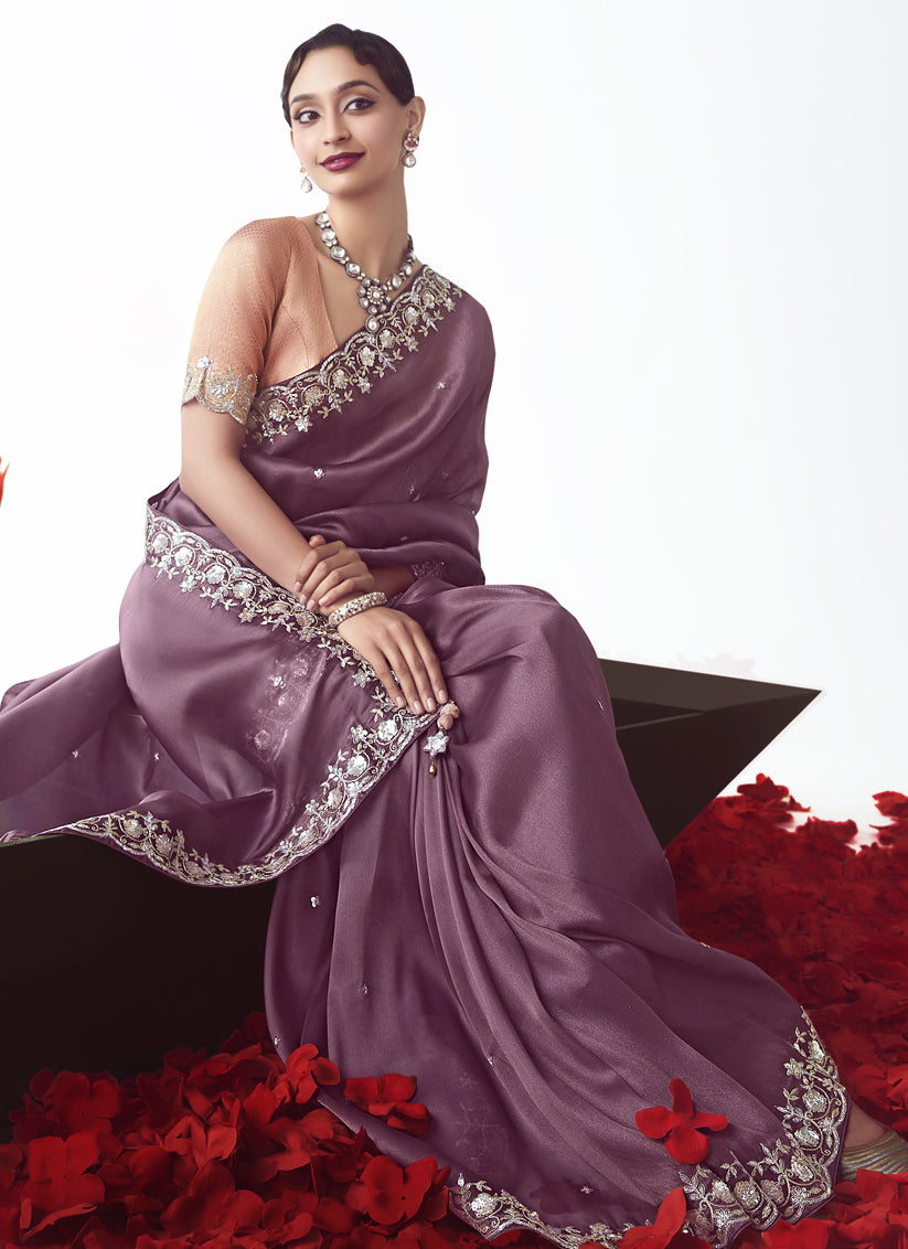 Unique Dusty Wine Tissue Organza Embroidered Wedding Saree