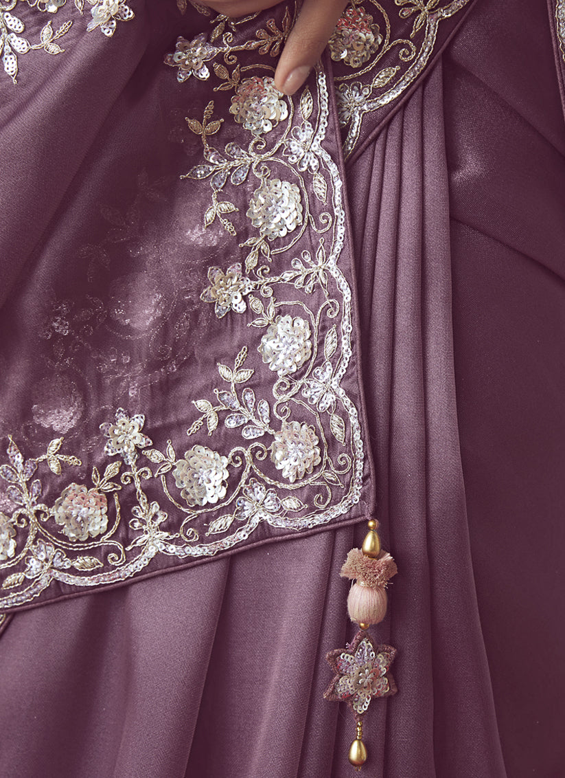 Unique Dusty Wine Tissue Organza Embroidered Wedding Saree