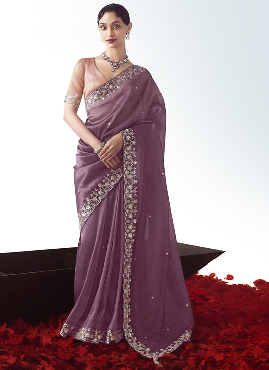 Unique Dusty Wine Tissue Organza Embroidered Wedding Saree