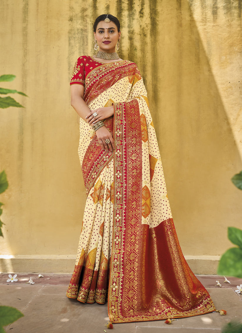 Cream Pure Dola Viscose Designer Saree