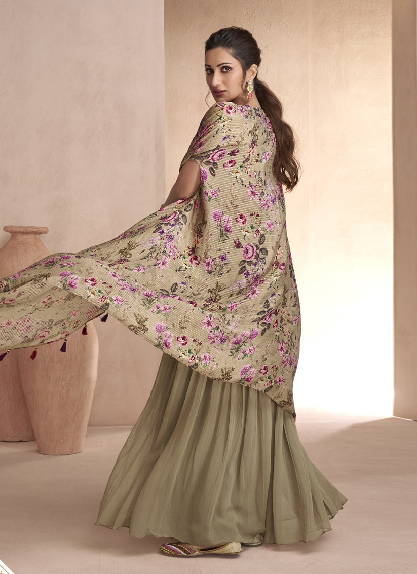 Khaki Chinnon Silk Palazzo with Choli and Printed Jacket