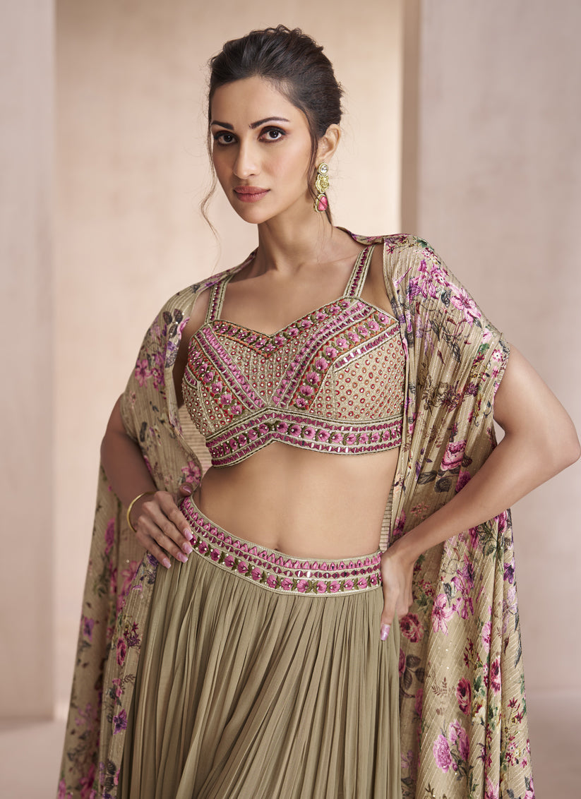 Khaki Chinnon Silk Palazzo with Choli and Printed Jacket