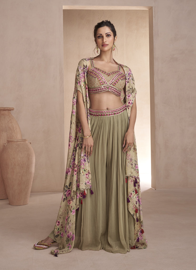 Khaki Chinnon Silk Palazzo with Choli and Printed Jacket