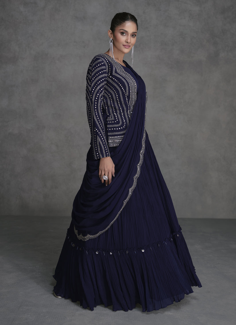 Midnight Blue Designer Embroidered IndoWestern Lehenga Set