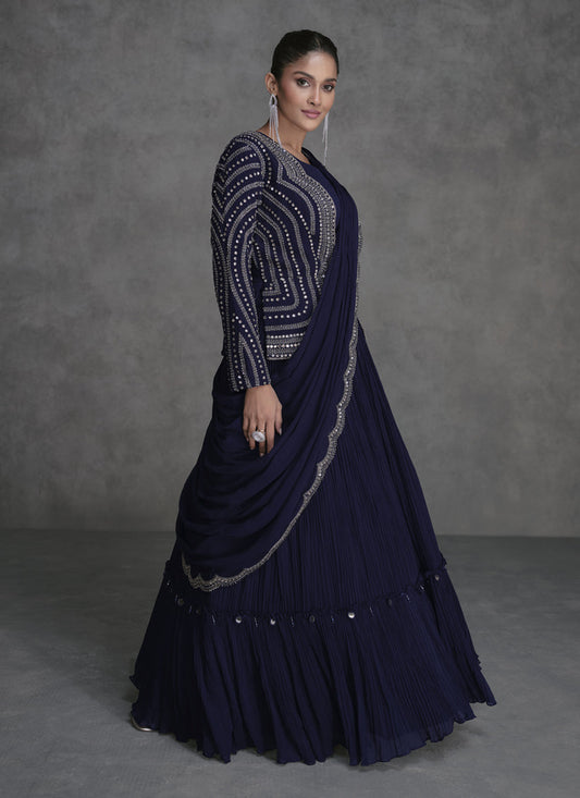 Midnight Blue Designer Embroidered IndoWestern Lehenga Set