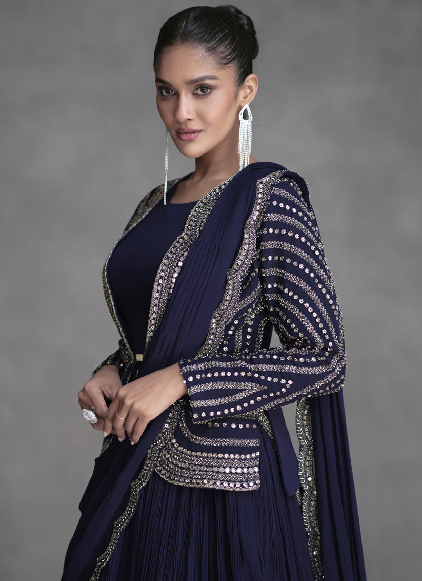 Midnight Blue Designer Embroidered IndoWestern Lehenga Set