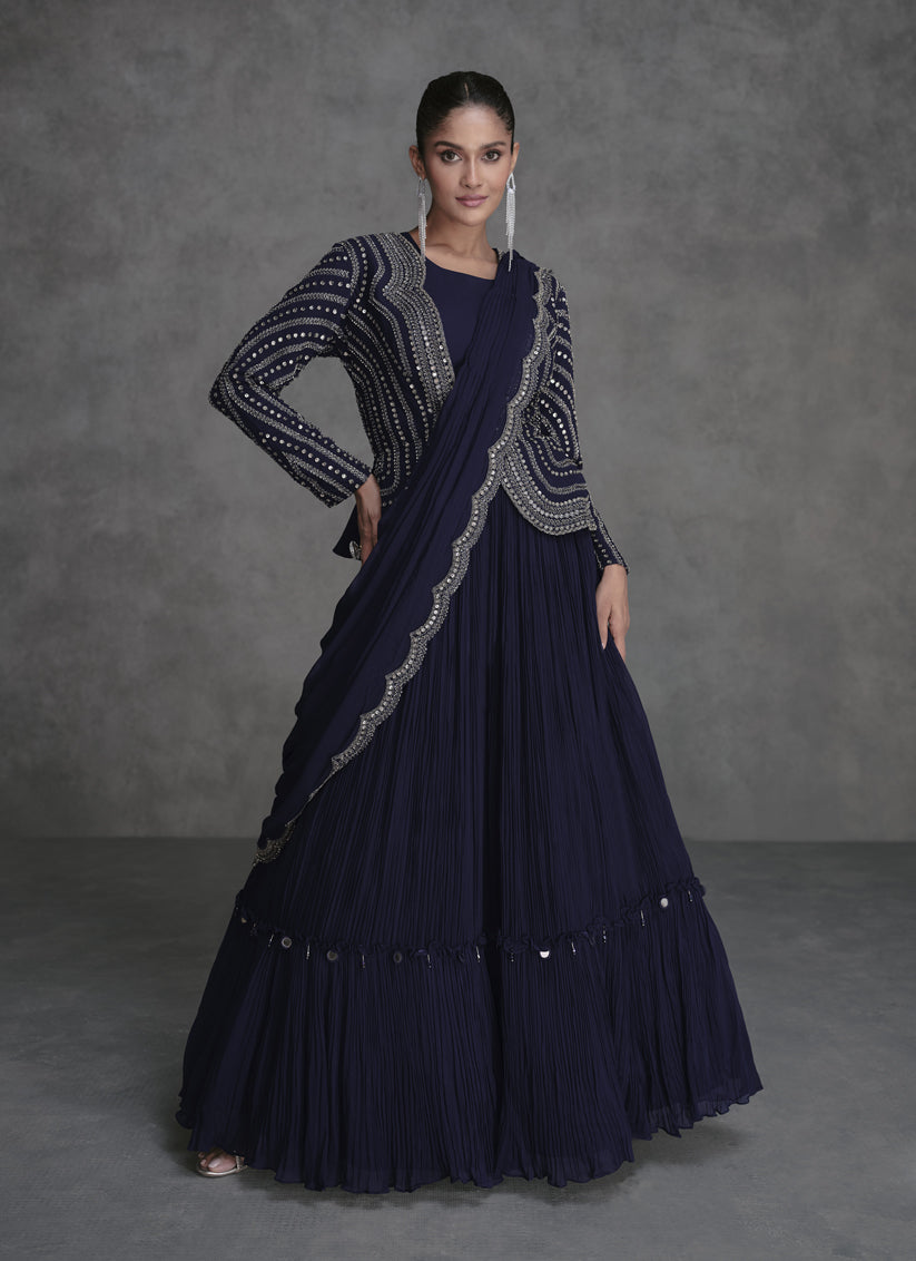 Midnight Blue Designer Embroidered IndoWestern Lehenga Set