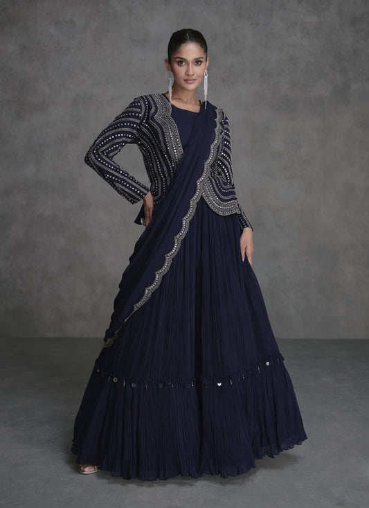 Midnight Blue Designer Embroidered IndoWestern Lehenga Set