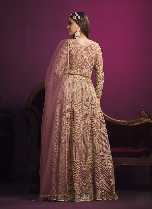 Fabulous Old Rose Net Embroidered Designer Pant Kameez