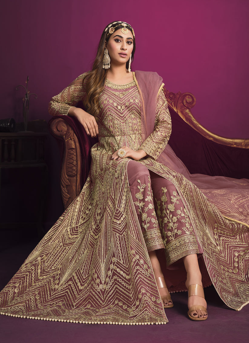 Fabulous Old Rose Net Embroidered Designer Pant Kameez