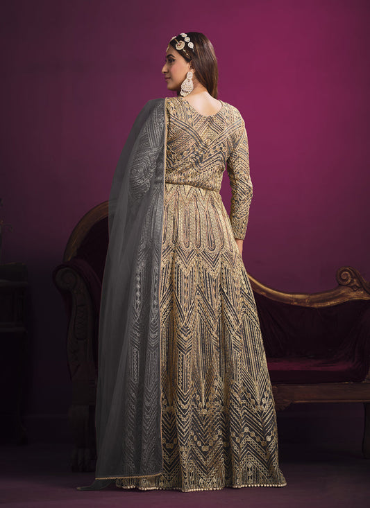 Lovely Slate Grey Net Embroidered Designer Pant Kameez