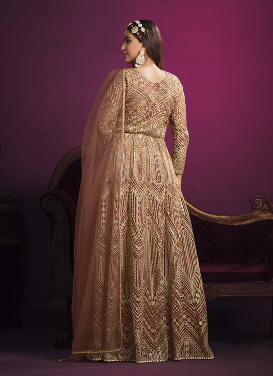 Mesmerizing Rose Gold Net Embroidered Designer Pant Kameez