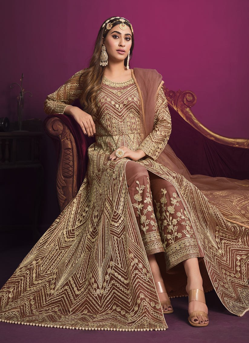 Mesmerizing Rose Gold Net Embroidered Designer Pant Kameez