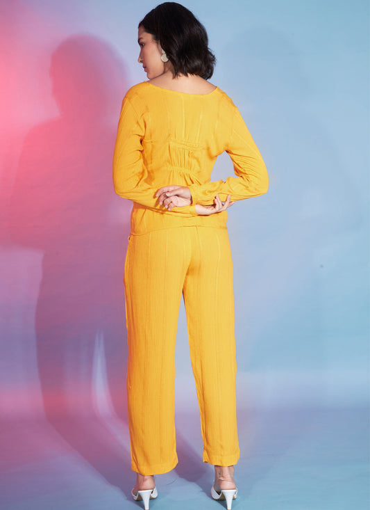 Yellow Viscose Rayon Printed Crepe Co-Ord Set