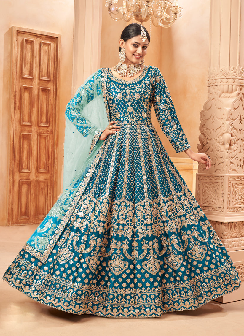 Stylish Peacock Blue Art Silk Embroidered Designer Anarkali Dress