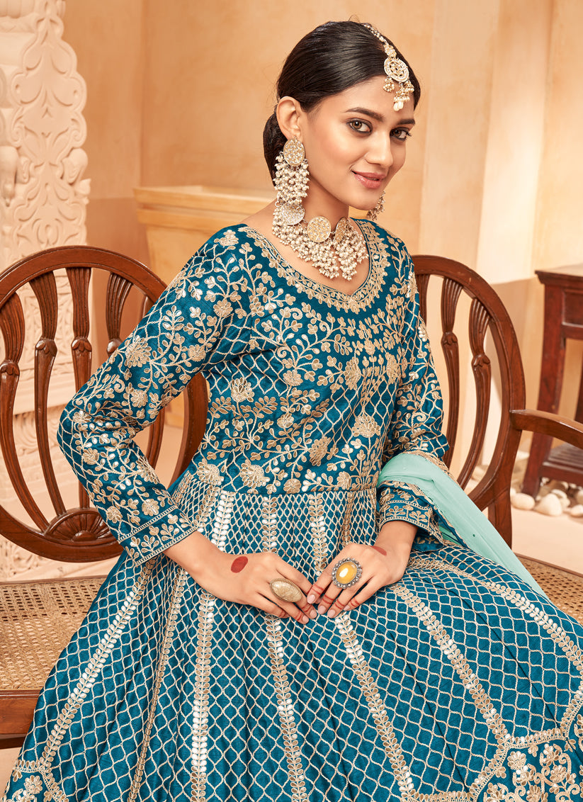 Stylish Peacock Blue Art Silk Embroidered Designer Anarkali Dress