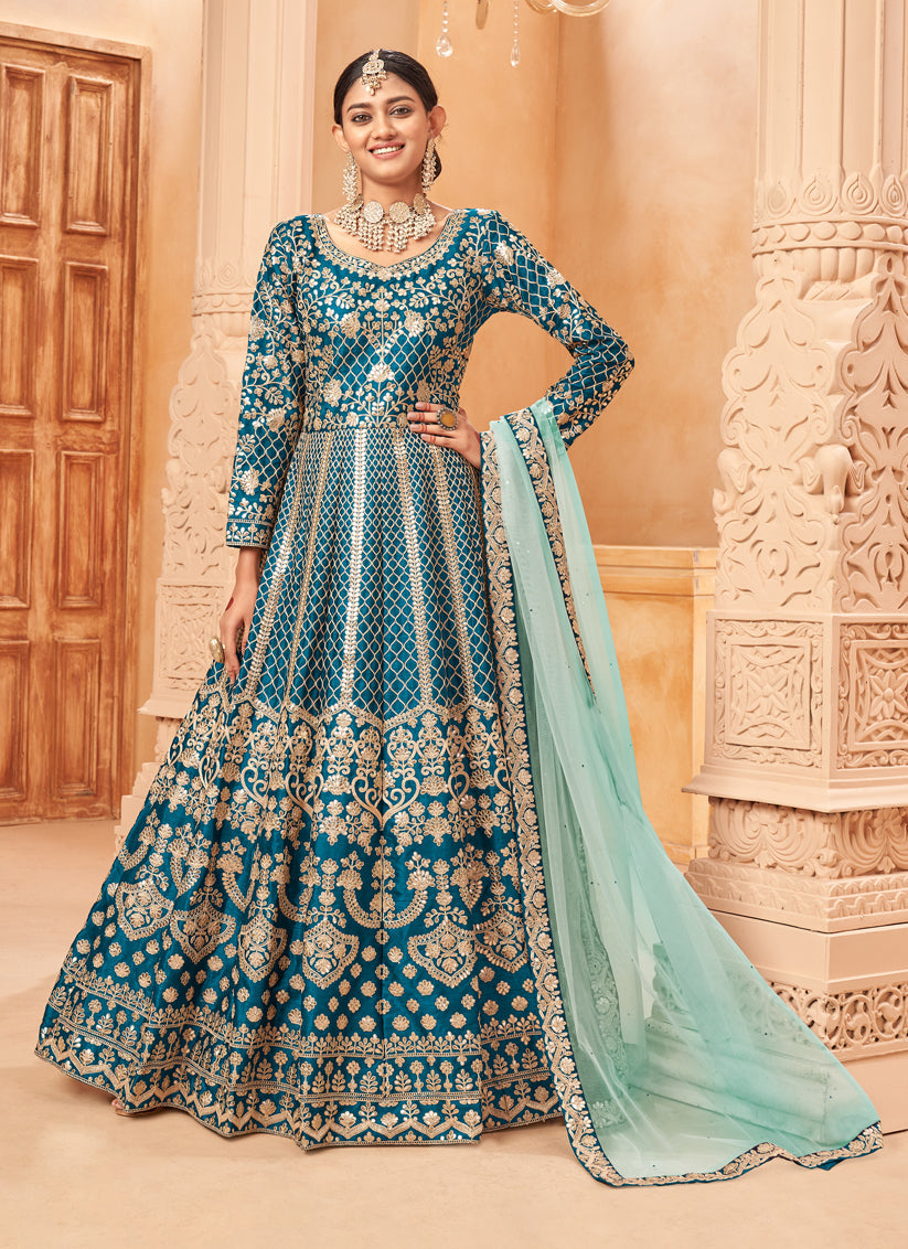 Stylish Peacock Blue Art Silk Embroidered Designer Anarkali Dress