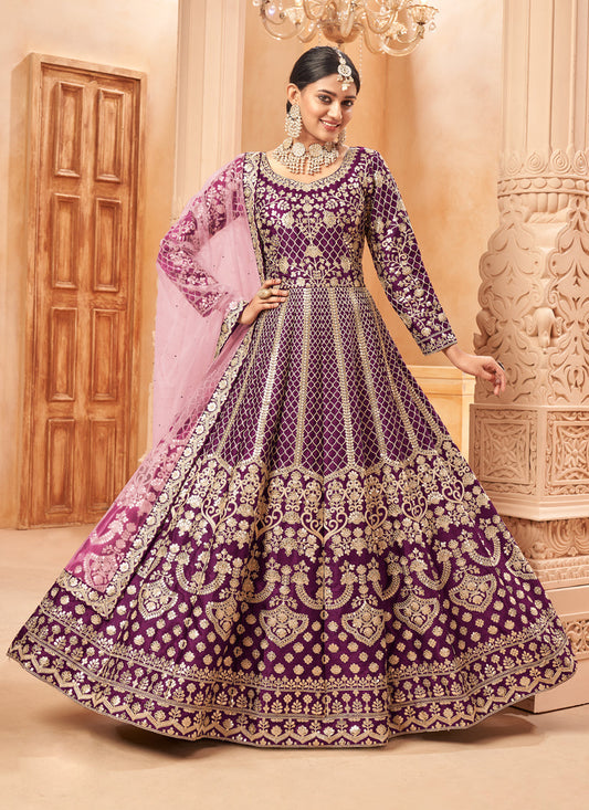Dashing Wine Art Silk Embroidered Designer Anarkali Dress