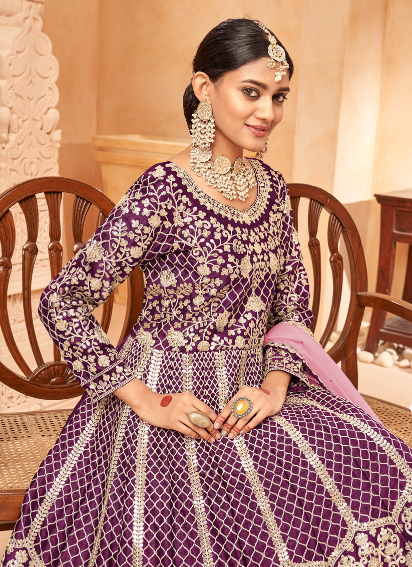 Dashing Wine Art Silk Embroidered Designer Anarkali Dress