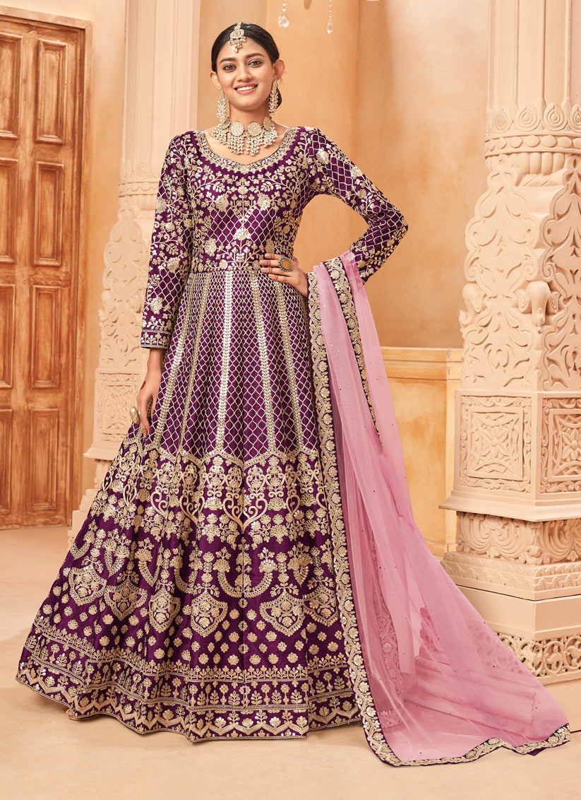 Dashing Wine Art Silk Embroidered Designer Anarkali Dress
