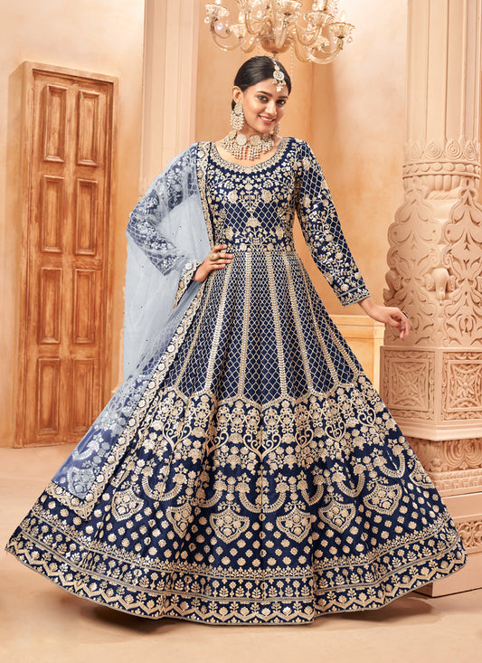 Graceful Midnight Blue Art Silk Embroidered Designer Anarkali Dress