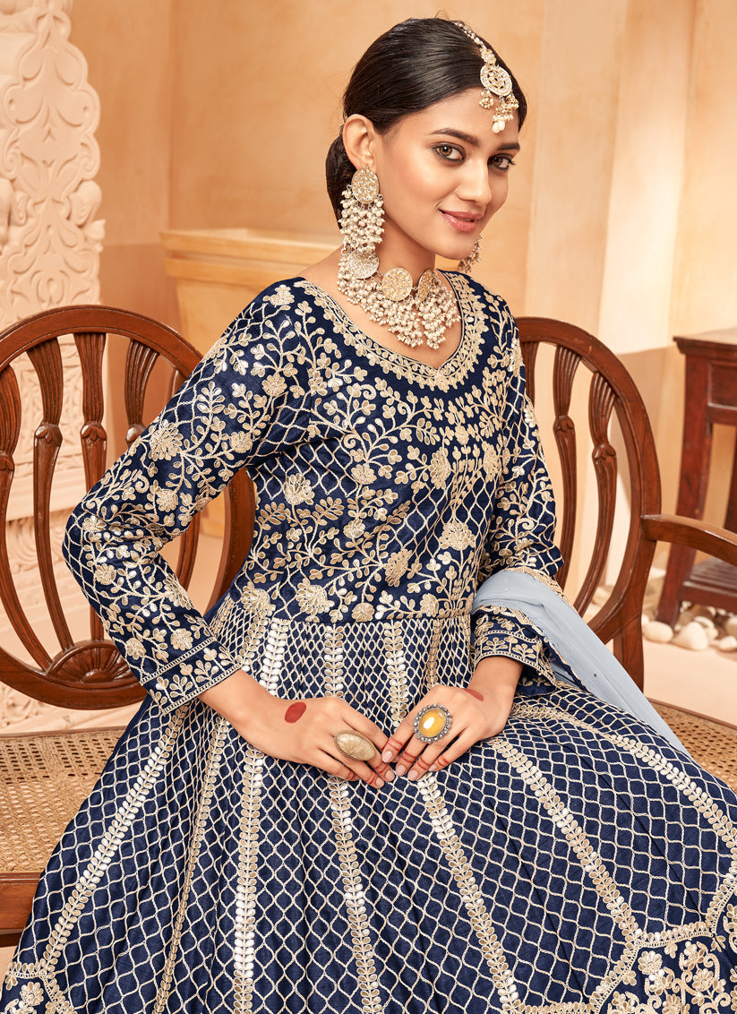 Graceful Midnight Blue Art Silk Embroidered Designer Anarkali Dress