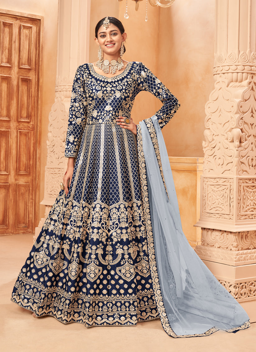 Graceful Midnight Blue Art Silk Embroidered Designer Anarkali Dress