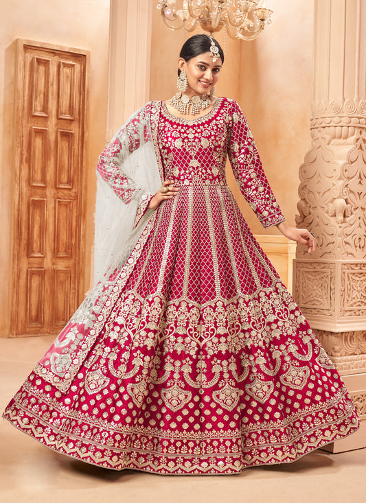 Charismatic Red Art Silk Embroidered Designer Anarkali Dress