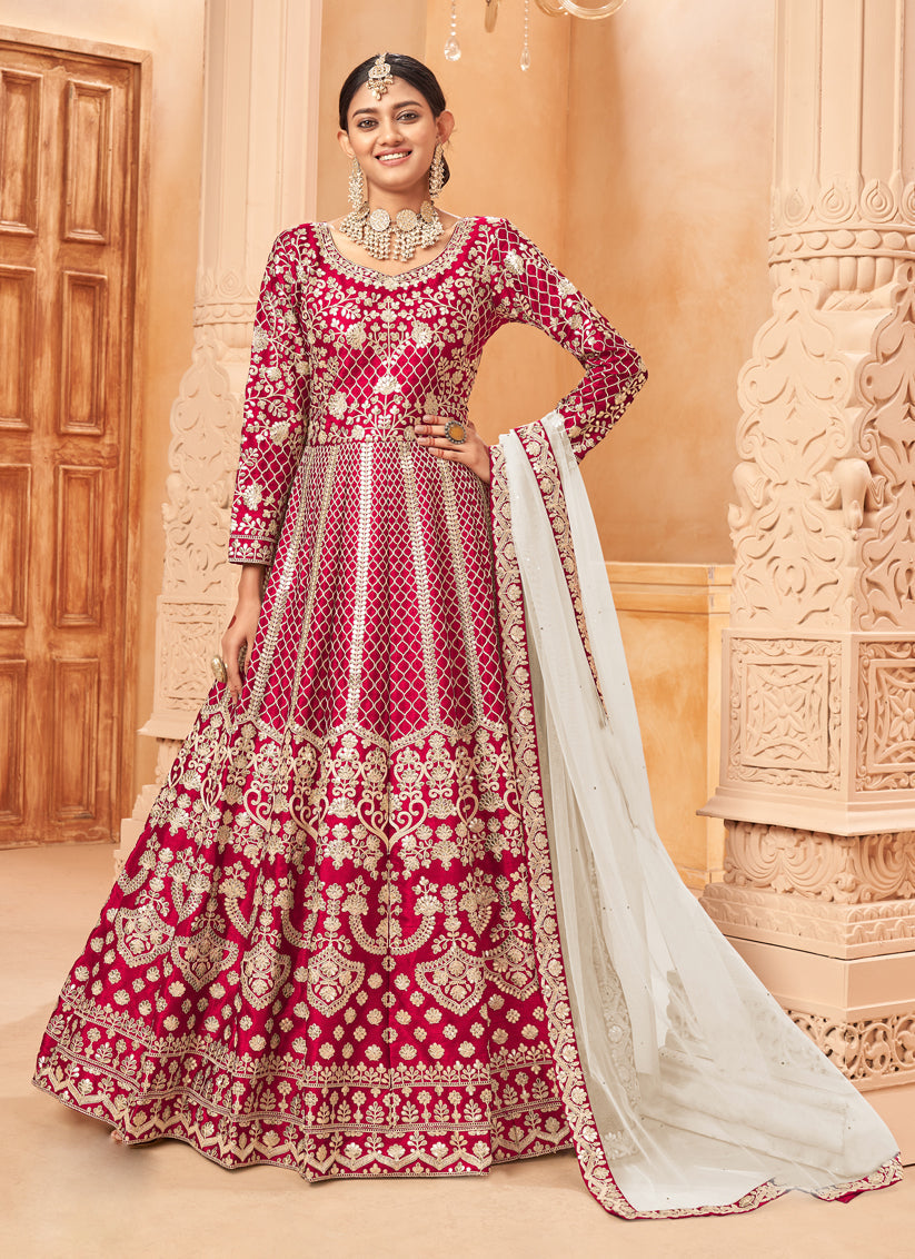 Charismatic Red Art Silk Embroidered Designer Anarkali Dress