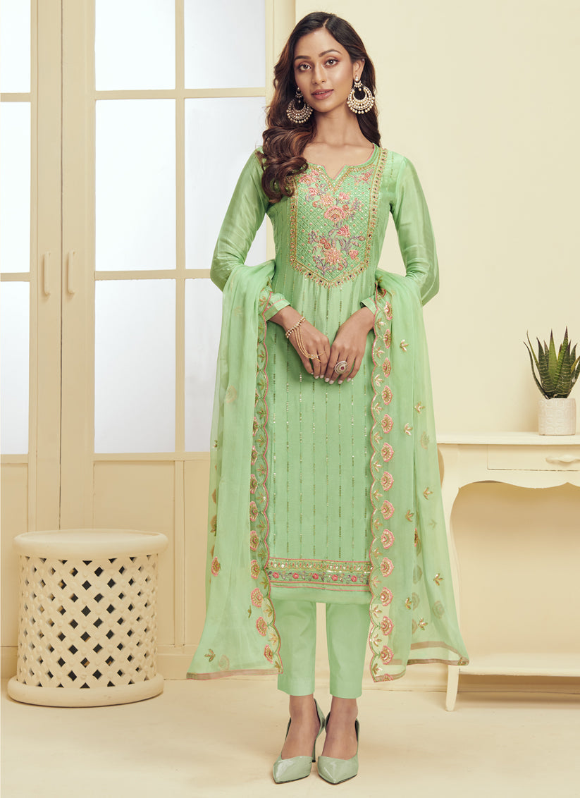 Mint Green Georgette Embroidered Pant Kameez Set