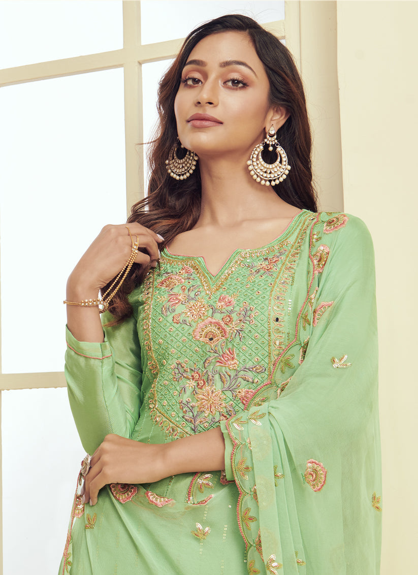 Mint Green Georgette Embroidered Pant Kameez Set