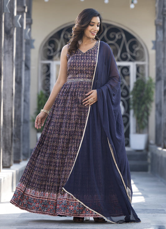 Midnight Blue Soft Dola Silk Anarkali Gown with Dupatta