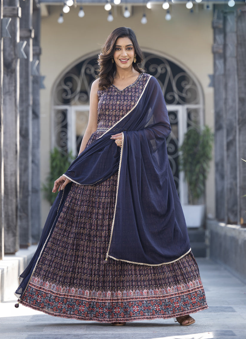 Midnight Blue Soft Dola Silk Anarkali Gown with Dupatta