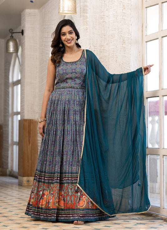 Multicolor Soft Dola Silk Anarkali Gown with Dupatta