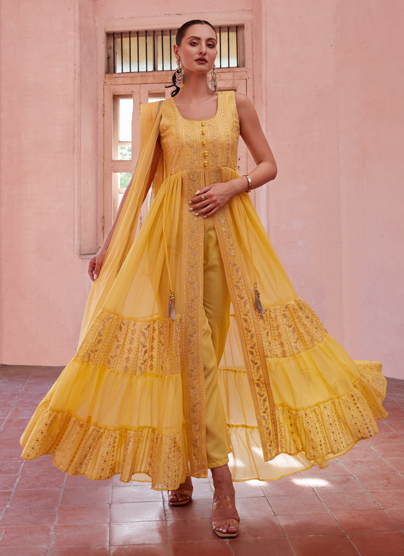 Golden Yellow Georgette Designer Pant Kameez Suit