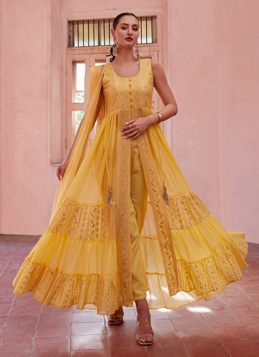 Golden Yellow Georgette Designer Pant Kameez Suit
