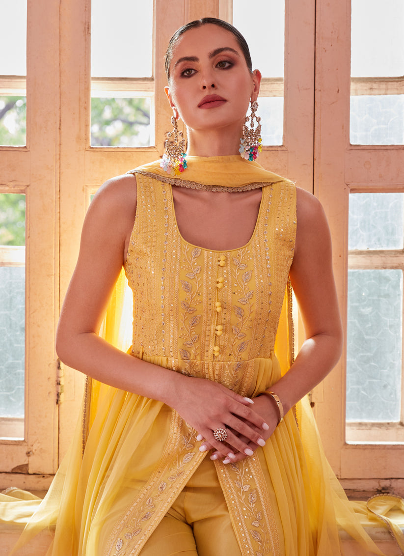 Golden Yellow Georgette Designer Pant Kameez Suit