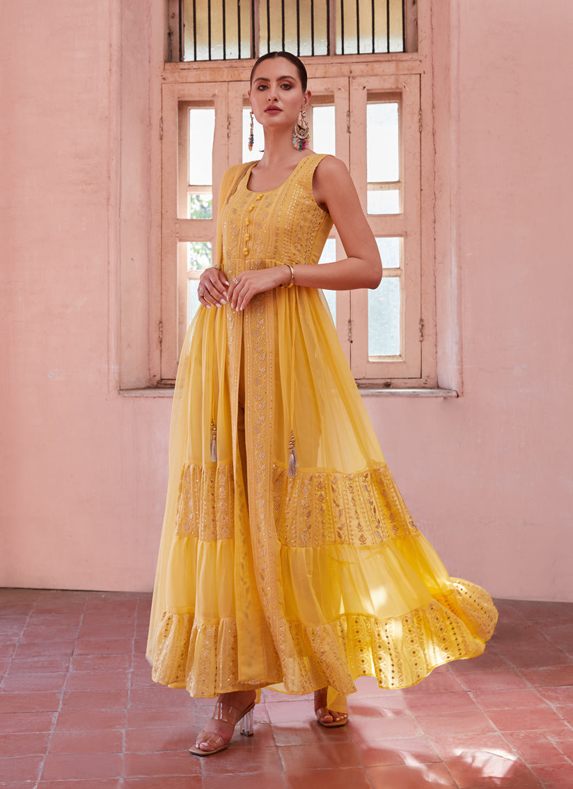 Golden Yellow Georgette Designer Pant Kameez Suit