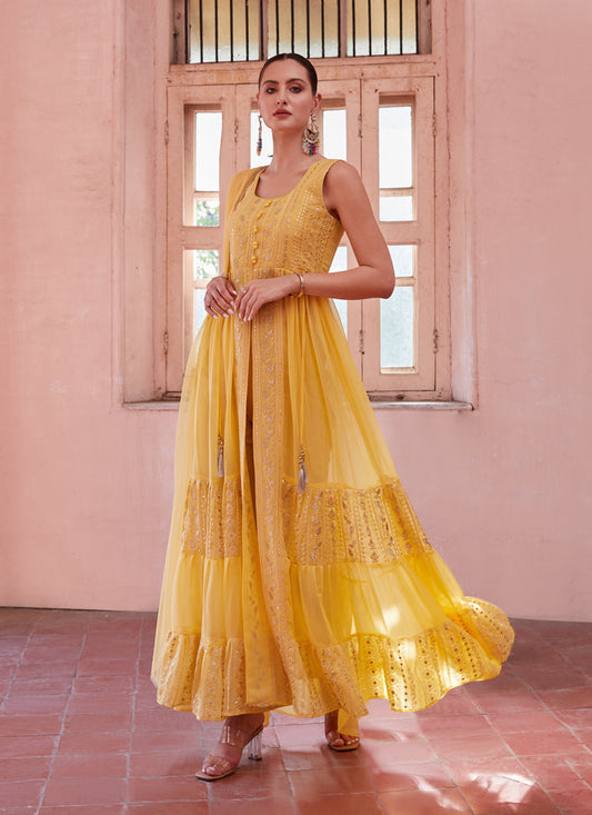 Golden Yellow Georgette Designer Pant Kameez Suit