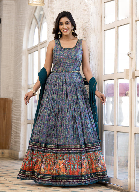 Multicolor Soft Dola Silk Anarkali Gown with Dupatta