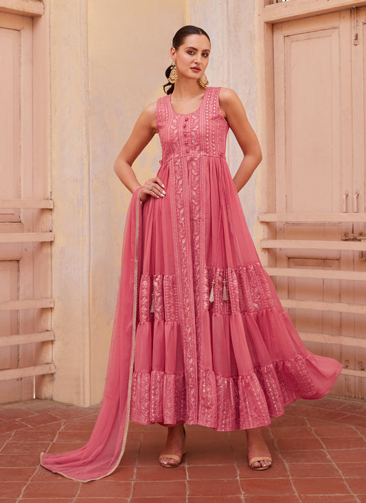Rouge Pink Georgette Designer Pant Kameez Suit