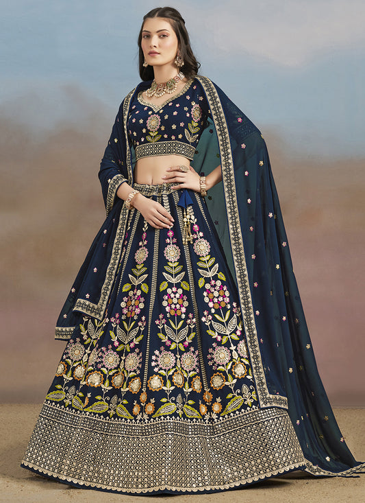 Stylish Navy Blue Designer Georgette Lehenga Choli Set for Wedding