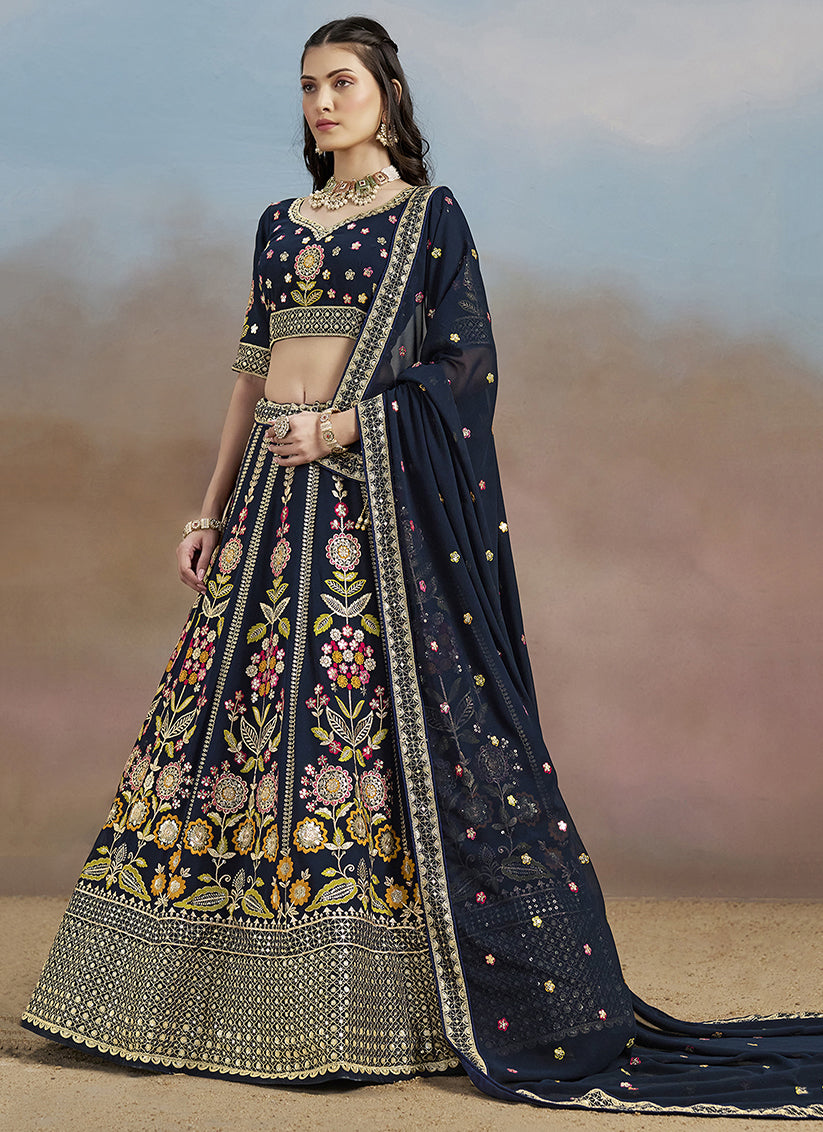 Stylish Navy Blue Designer Georgette Lehenga Choli Set for Wedding