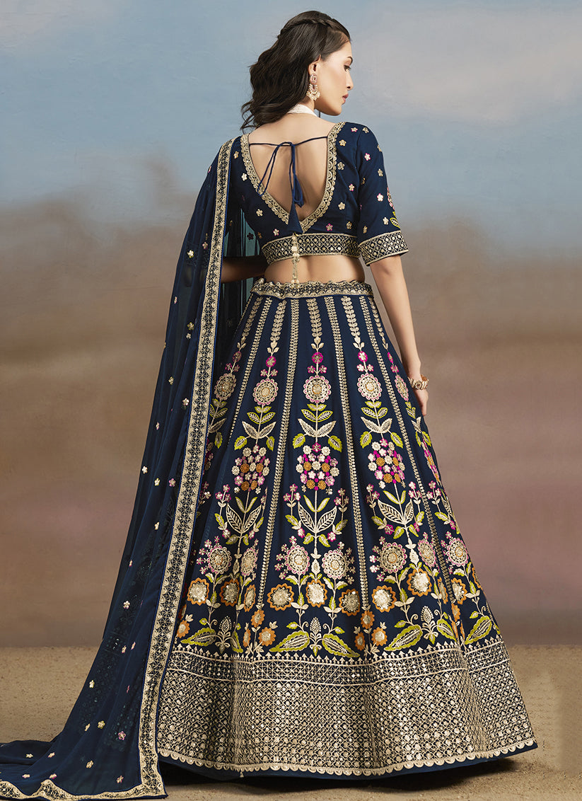 Stylish Navy Blue Designer Georgette Lehenga Choli Set for Wedding
