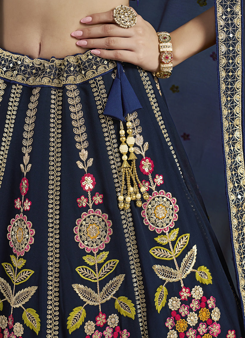 Stylish Navy Blue Designer Georgette Lehenga Choli Set for Wedding