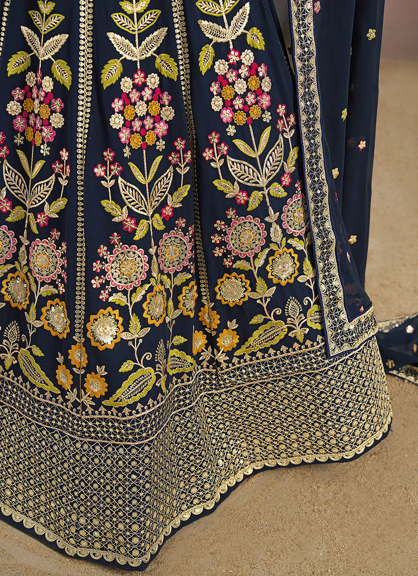 Stylish Navy Blue Designer Georgette Lehenga Choli Set for Wedding