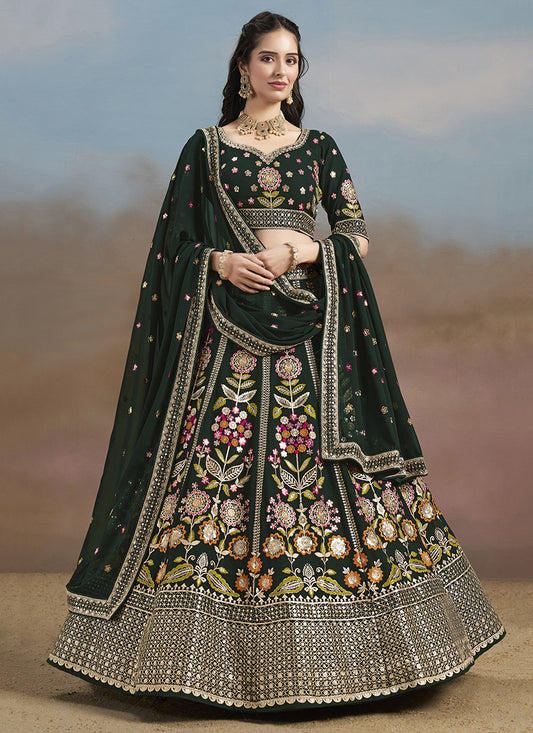 Amazing Bottle Green Designer Georgette Lehenga Choli Set for Wedding